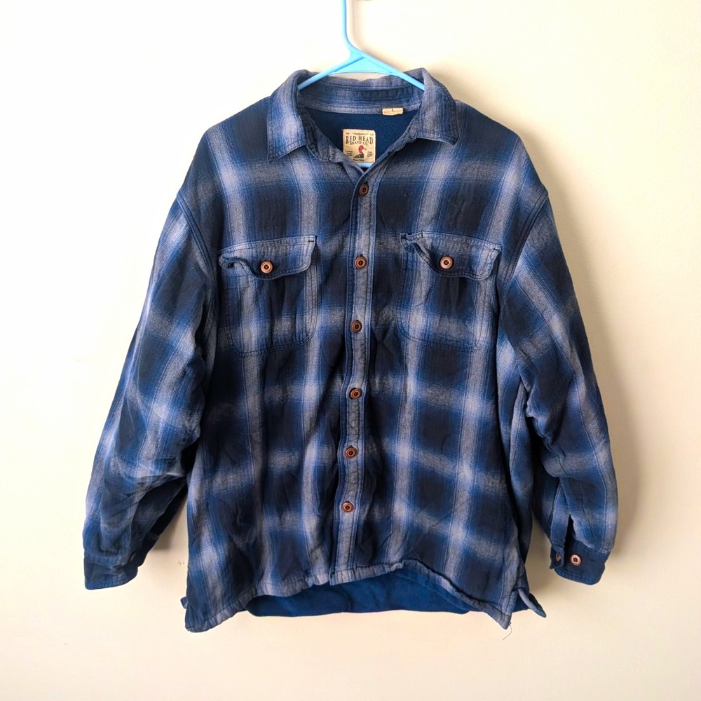 RedHead Shirt Jacket Mens L Blue Plaid Button-Up Fleece Lined Shacket